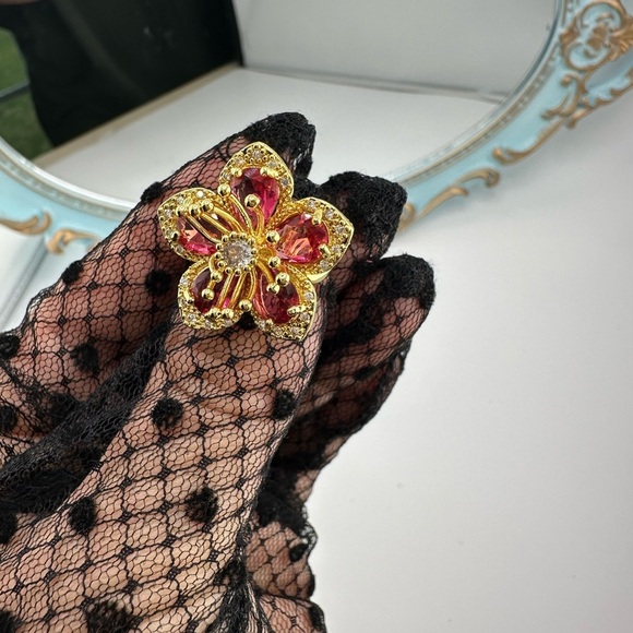 Anthropologie Blossom Gold Pink Floral Crystal Stainless Steel Adjustable Ring - Picture 9 of 17